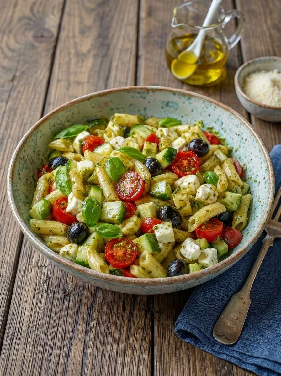 Salade de pâtes méditerranéenne avec tomates cerises, mozzarella, olives, concombre, basilic et pesto