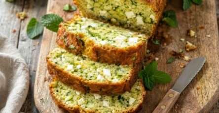 Cake salé courgette feta menthe moelleux avec morceaux de courgette, feta, herbes fraîches et tranche découpée