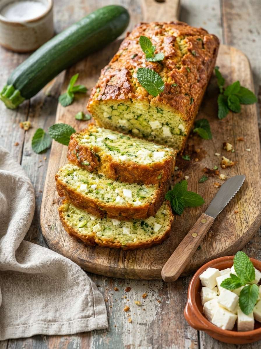 Cake salé courgette feta menthe moelleux avec morceaux de courgette, feta, herbes fraîches et tranche découpée