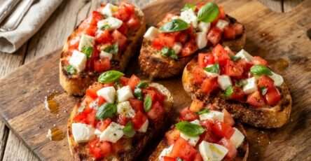 Bruschetta tomates mozzarella basilic avec pain grillé, tomates fraîches, mozzarella, basilic et filet d’huile d’olive