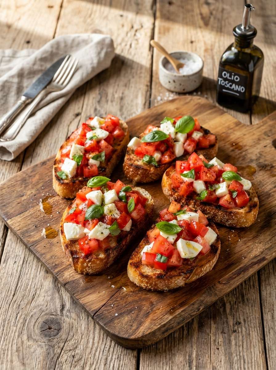 Bruschetta tomates mozzarella basilic avec pain grillé, tomates fraîches, mozzarella, basilic et filet d’huile d’olive