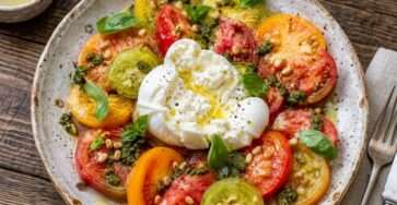 Salade de tomates anciennes avec burrata crémeuse, pesto basilic, huile d’olive, pignons et basilic frais