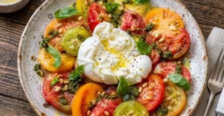 Salade de tomates anciennes avec burrata crémeuse, pesto basilic, huile d’olive, pignons et basilic frais