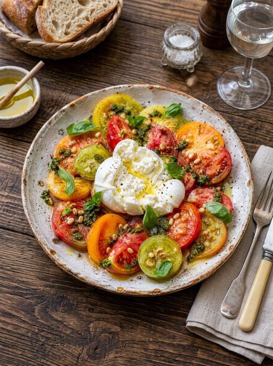 Salade de tomates anciennes avec burrata crémeuse, pesto basilic, huile d’olive, pignons et basilic frais