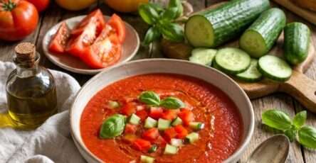 Gaspacho tomate poivron concombre servi froid avec basilic frais, huile d’olive et petits dés de légumes croquants