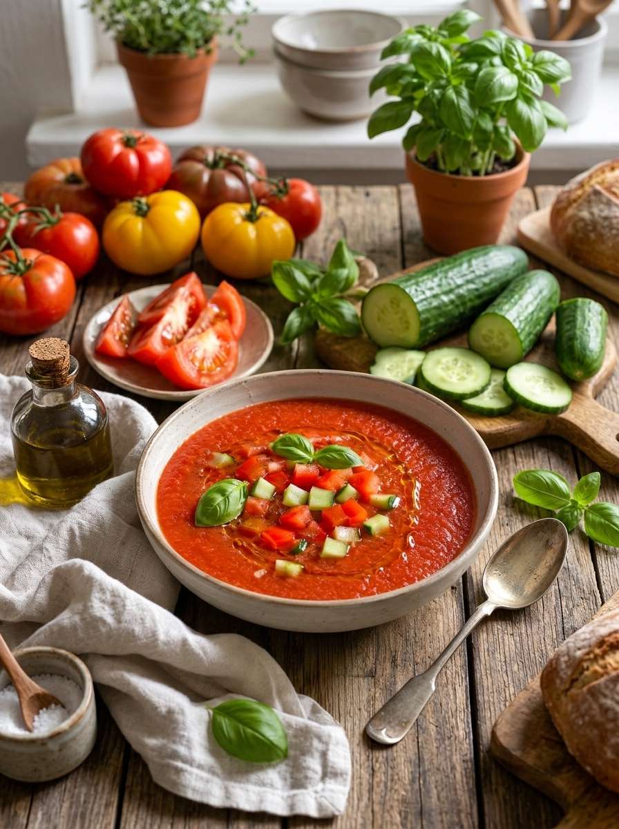 Gaspacho tomate poivron concombre servi froid avec basilic frais, huile d’olive et petits dés de légumes croquants