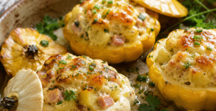 Pâtissons farcis au jambon, pommes de terre nouvelles et comté gratinés au four dans un plat rustique avec herbes fraîches.