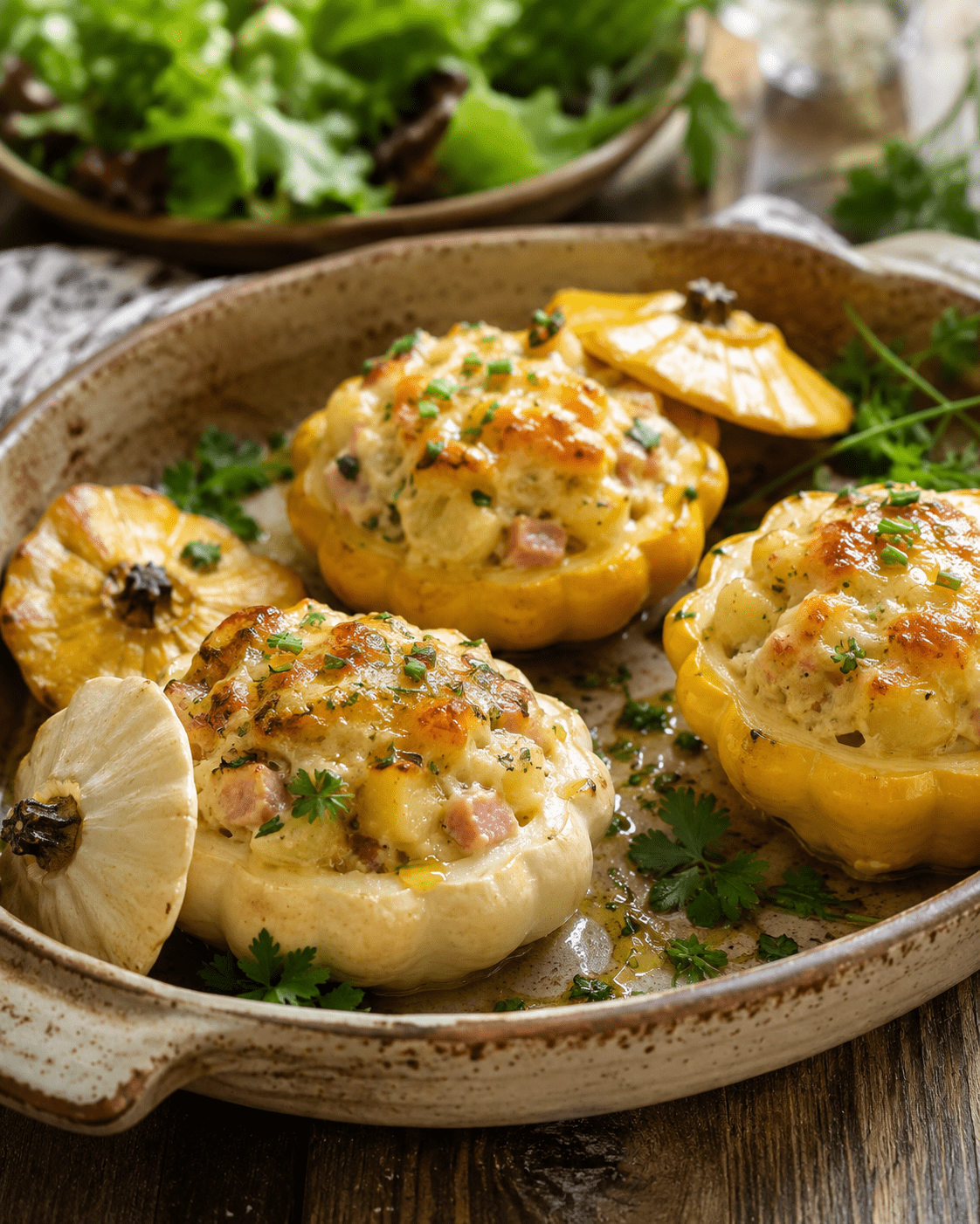 Pâtissons farcis au jambon, pommes de terre nouvelles et comté gratinés au four dans un plat rustique avec herbes fraîches.