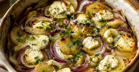 Tian fenouil pommes de terre et chèvre frais doré au four dans un plat rustique avec oignons rouges et thym frais.