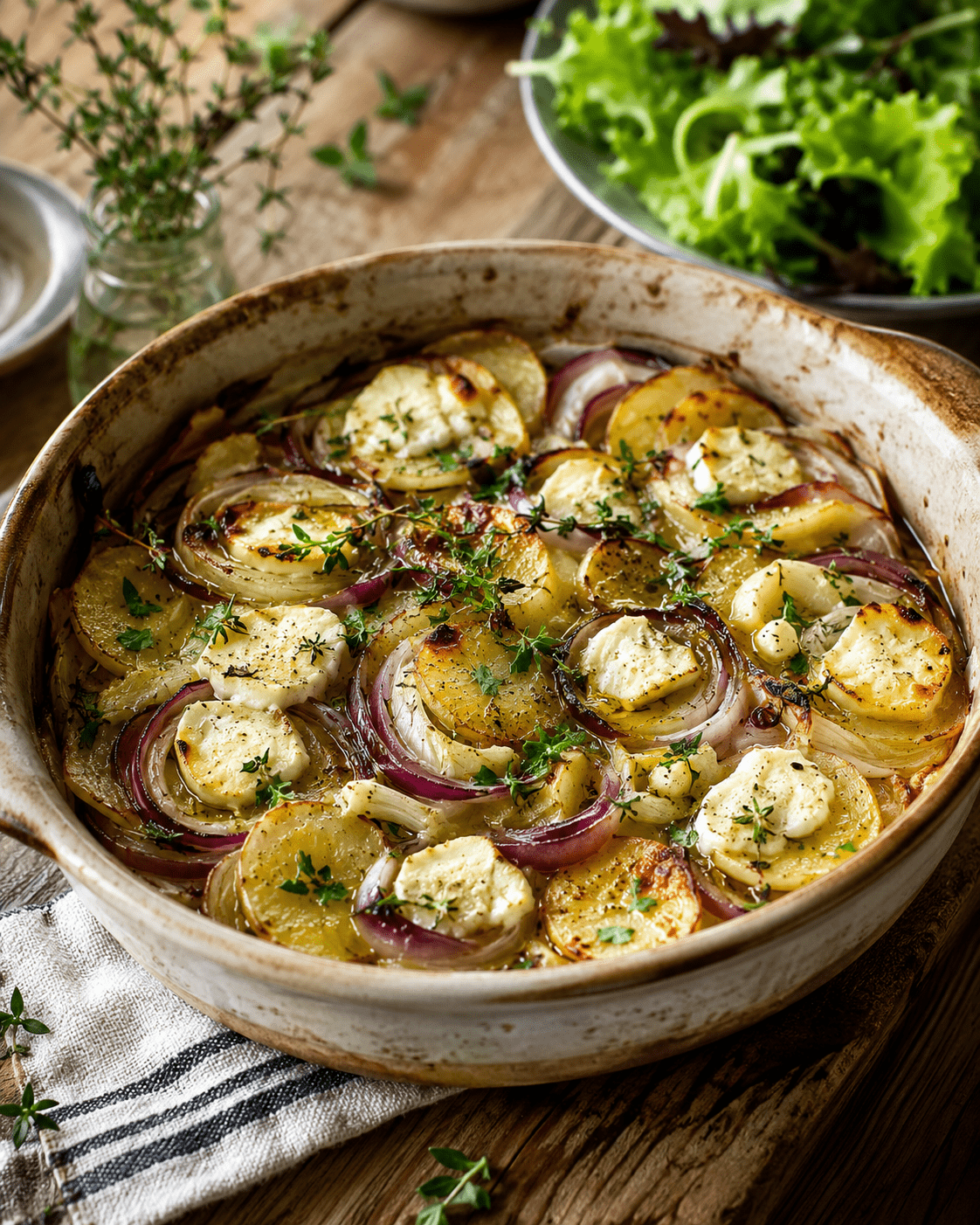 Tian fenouil pommes de terre et chèvre frais doré au four dans un plat rustique avec oignons rouges et thym frais.