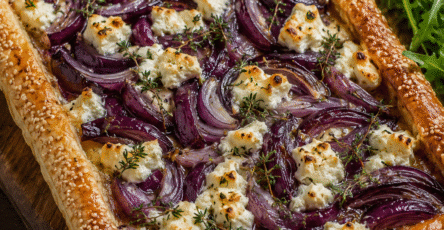 Tarte fine oignons rouges, fromage de brebis et thym dorée au four avec pâte croustillante et oignons fondants.