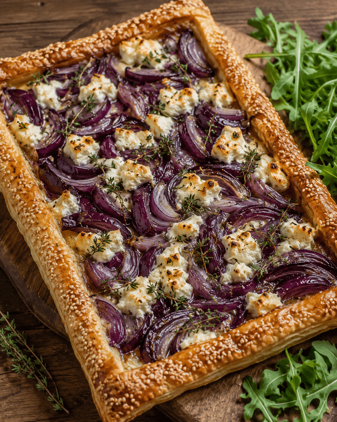 Tarte fine oignons rouges, fromage de brebis et thym dorée au four avec pâte croustillante et oignons fondants.