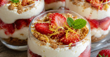 Verrines fraises mascarpone spéculoos avec crème citronnée, fraises fraîches, biscuits émiettés et menthe fraîche.