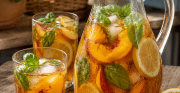 Thé glacé pêche citron basilic servi dans une carafe avec glaçons, tranches de pêche, rondelles de citron et feuilles de basilic.
