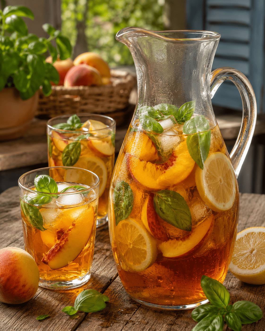Thé glacé pêche citron basilic servi dans une carafe avec glaçons, tranches de pêche, rondelles de citron et feuilles de basilic.