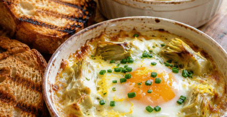 Œufs cocotte artichauts, crème citronnée et parmesan servis dans des ramequins rustiques avec pain grillé et herbes fraîches.