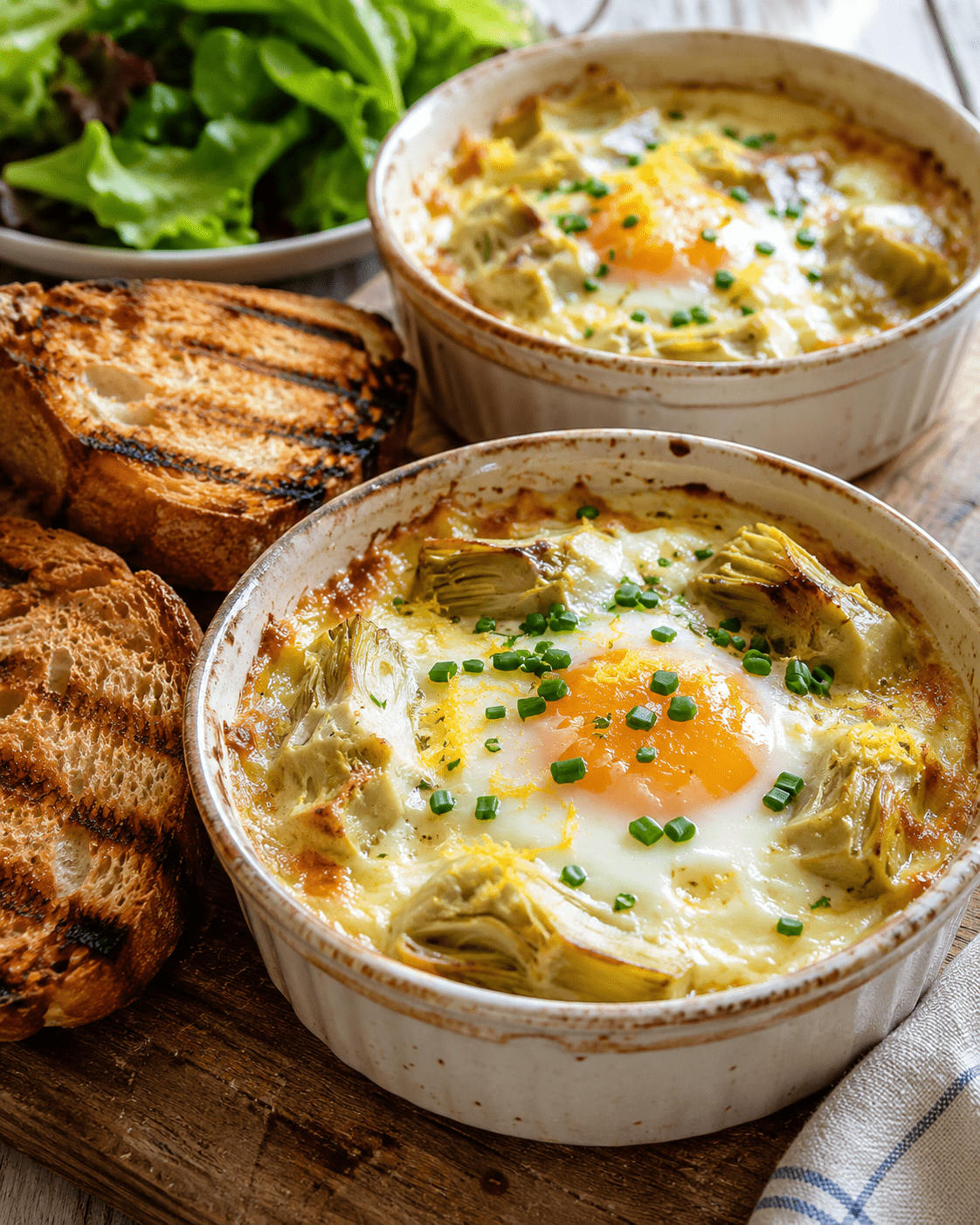 Œufs cocotte artichauts, crème citronnée et parmesan servis dans des ramequins rustiques avec pain grillé et herbes fraîches.