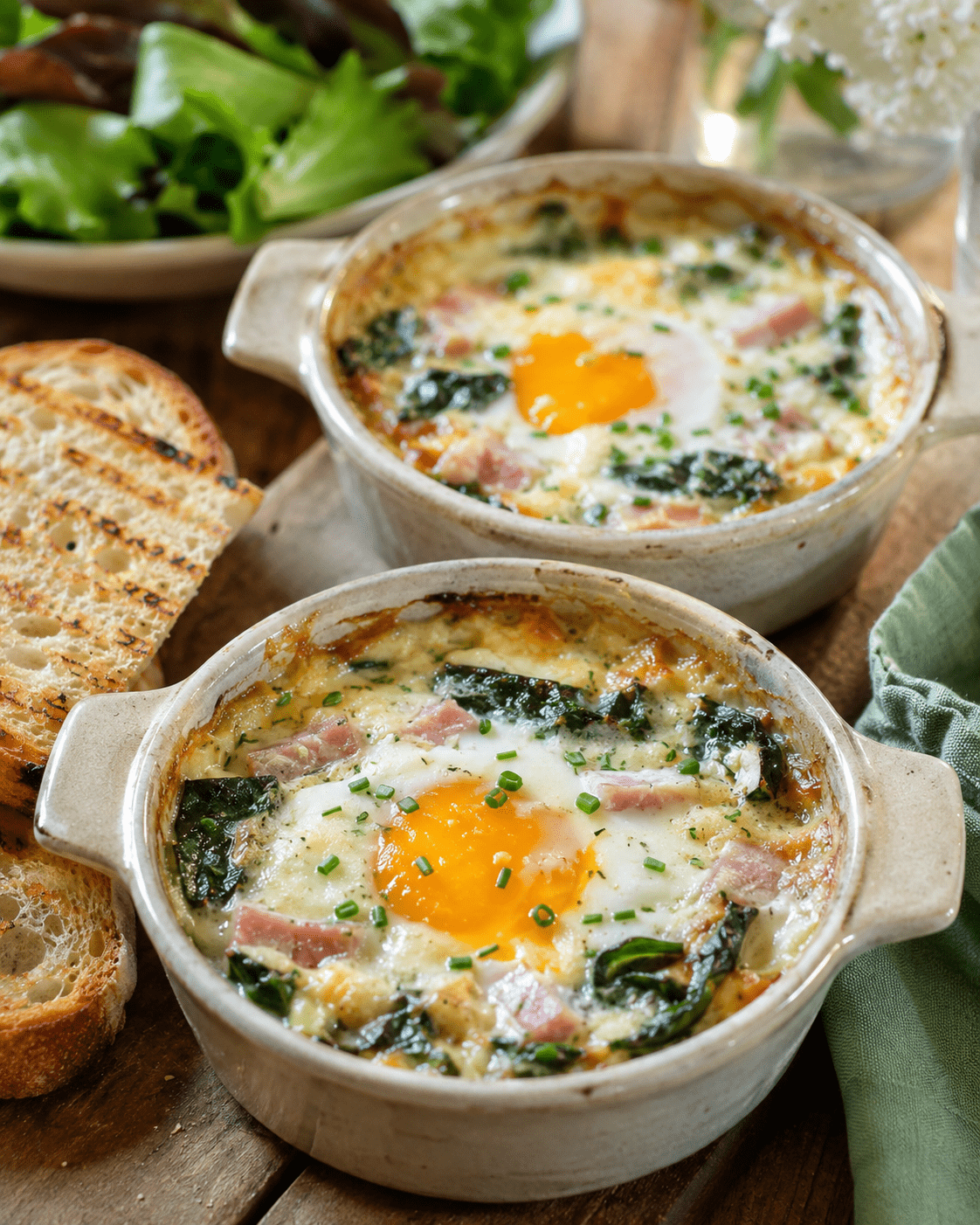 Œufs cocotte blettes, jambon blanc et tomme râpée servis dans des ramequins rustiques avec crème fondante et pain grillé.