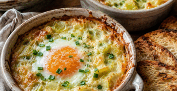 Œufs cocotte poireaux à la crème moutardée servis dans des ramequins rustiques avec emmental gratiné et pain grillé.