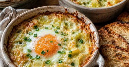 Œufs cocotte poireaux à la crème moutardée servis dans des ramequins rustiques avec emmental gratiné et pain grillé.