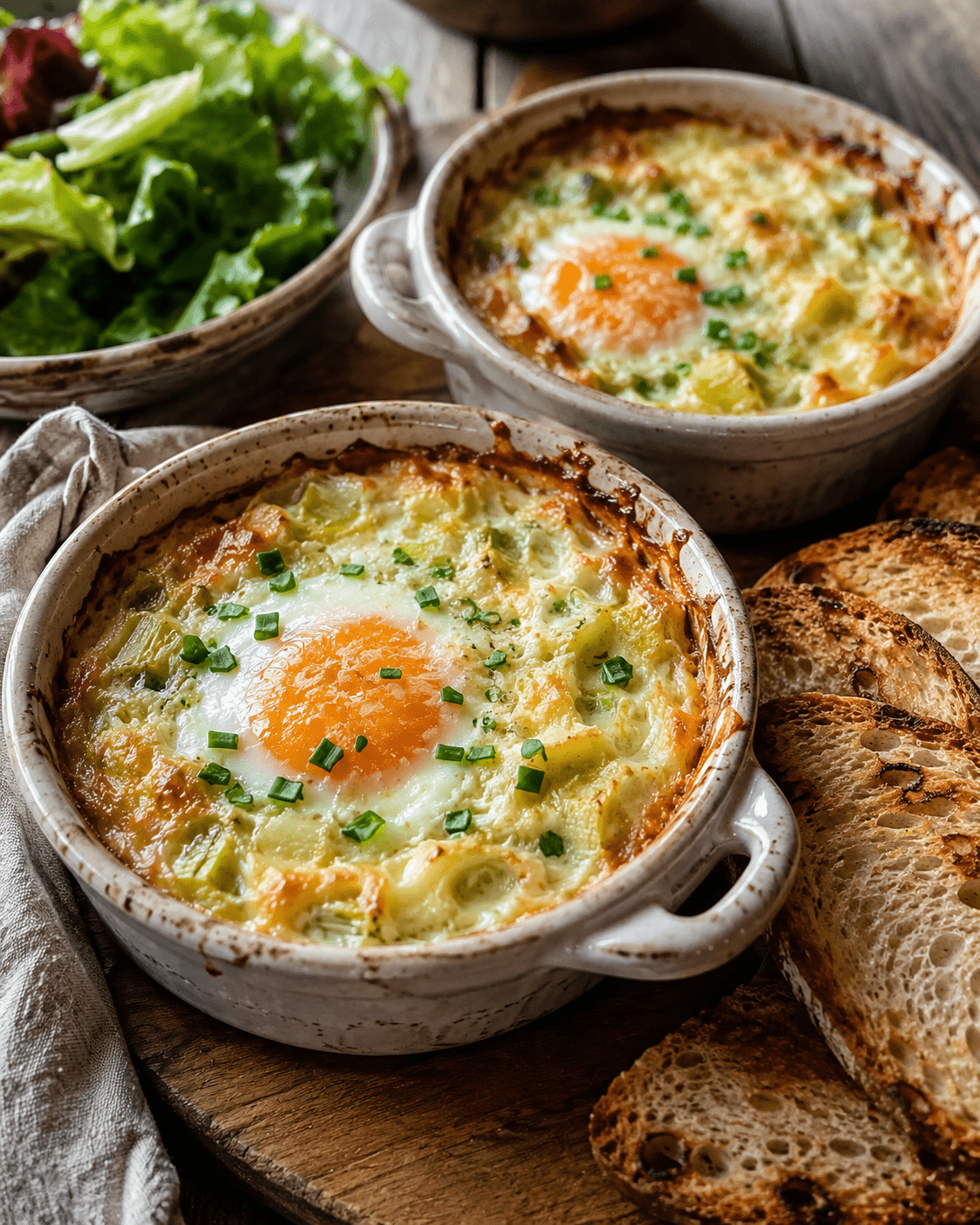 Œufs cocotte poireaux à la crème moutardée servis dans des ramequins rustiques avec emmental gratiné et pain grillé.