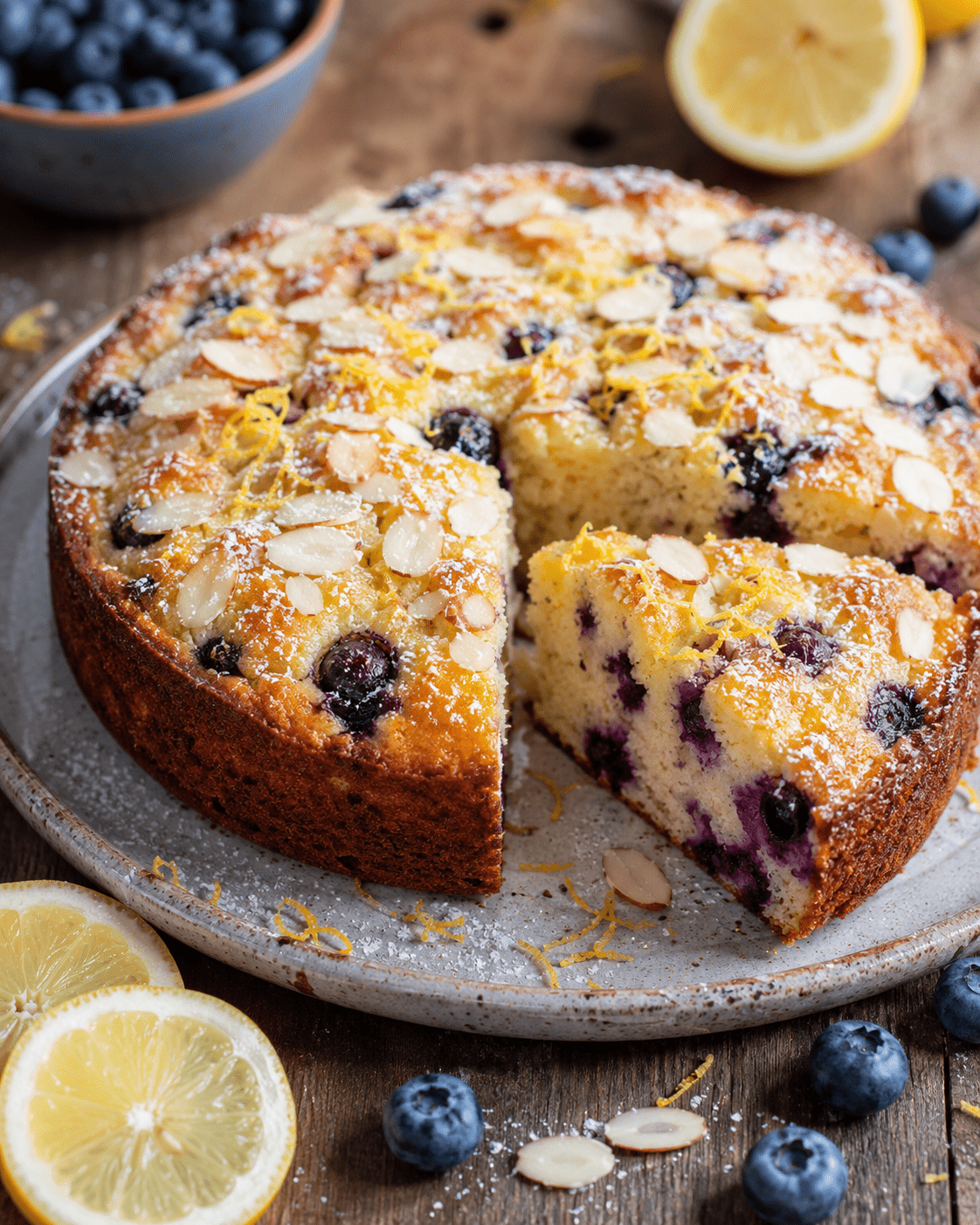 Gâteau myrtilles citron moelleux avec amandes effilées, tranches de citron et myrtilles fraîches sur une table rustique.