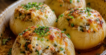 Oignons doux farcis au poulet, riz et herbes fraîches gratinés au four dans un plat rustique avec sauce légère.