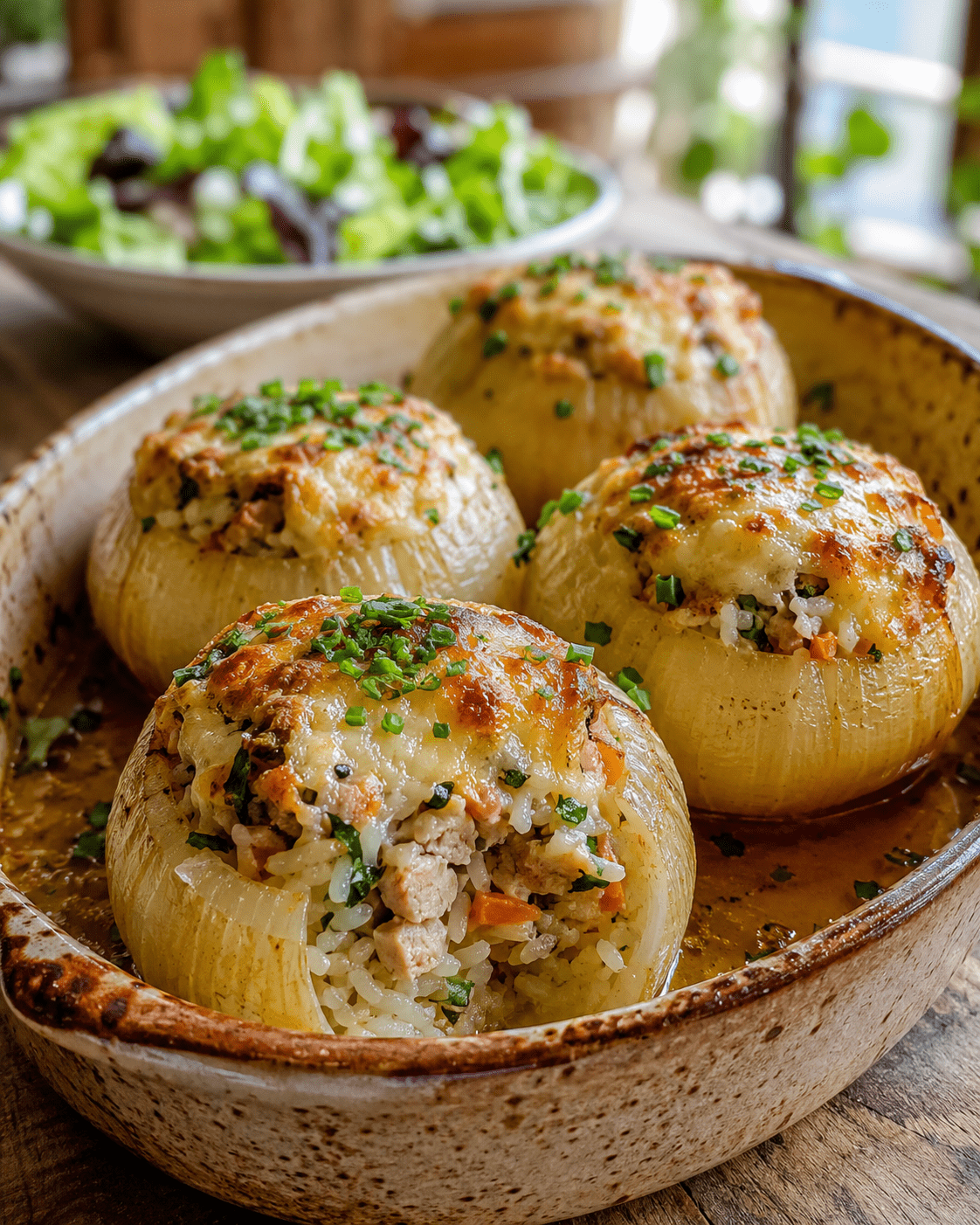 Oignons doux farcis au poulet, riz et herbes fraîches gratinés au four dans un plat rustique avec sauce légère.