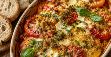 Gratin tomates anciennes, mozzarella et chapelure au basilic doré au four dans un plat rustique avec tomates colorées.