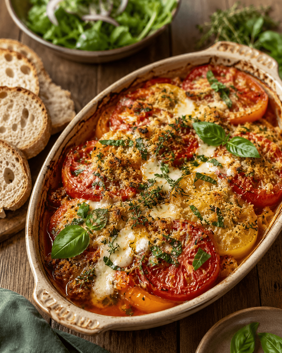Gratin tomates anciennes, mozzarella et chapelure au basilic doré au four dans un plat rustique avec tomates colorées.