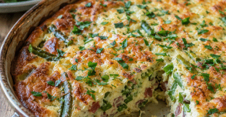 Clafoutis salé haricots verts, jambon cru et parmesan doré au four dans un plat rustique avec salade fraîche.