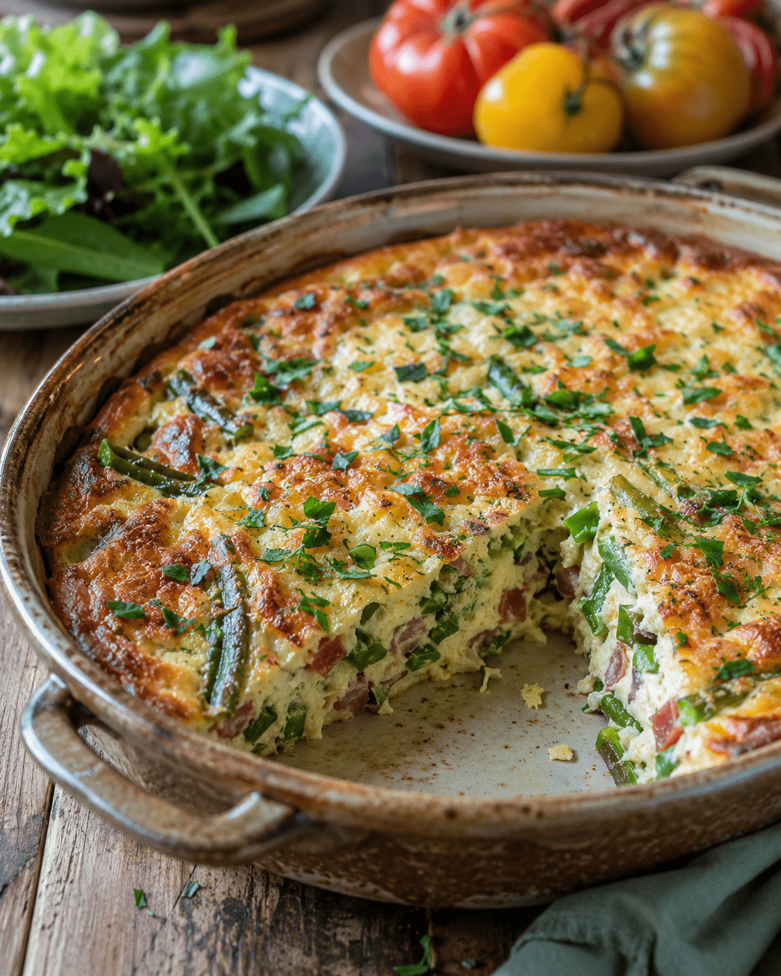 Clafoutis salé haricots verts, jambon cru et parmesan doré au four dans un plat rustique avec salade fraîche.