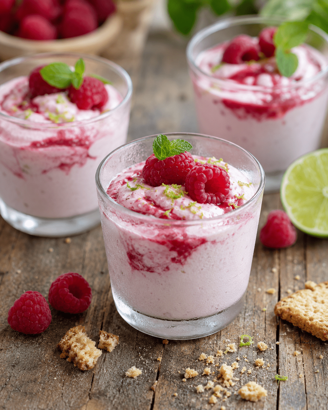 Mousse framboises yaourt grec servie en verrines avec citron vert, framboises fraîches et menthe sur une table rustique.