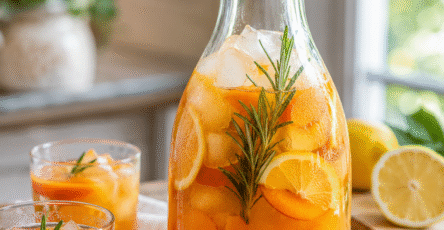 Boisson abricot citron au romarin servie dans une carafe avec glaçons, quartiers d’abricots, rondelles de citron et brins de romarin.