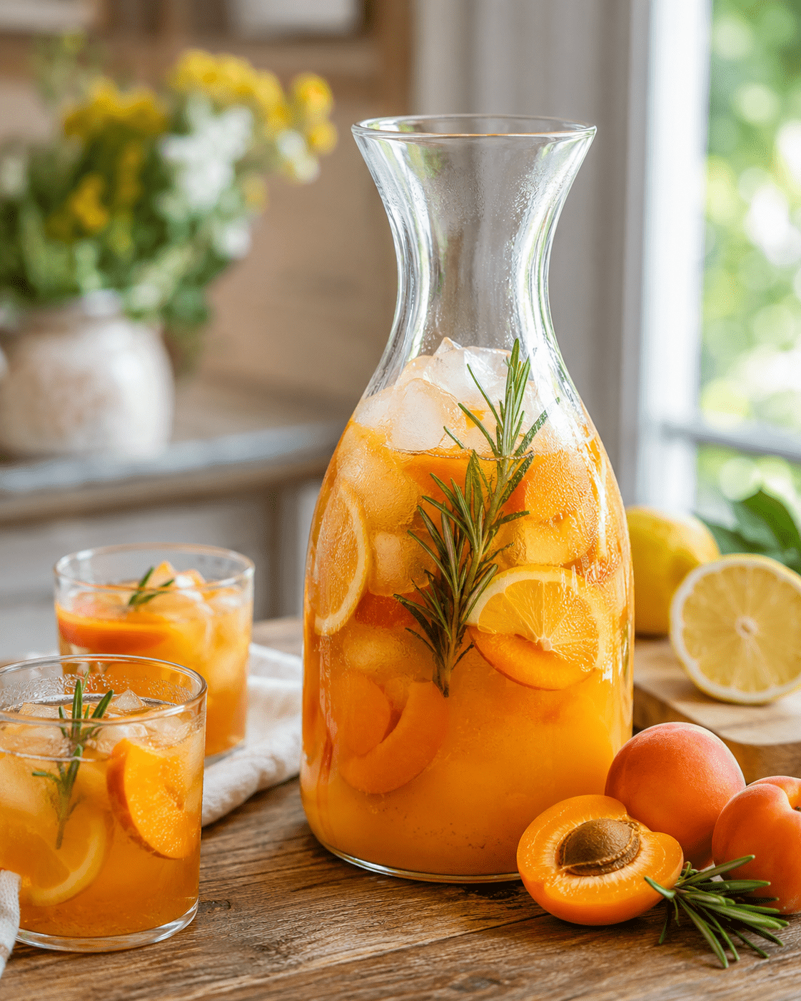 Boisson abricot citron au romarin servie dans une carafe avec glaçons, quartiers d’abricots, rondelles de citron et brins de romarin.