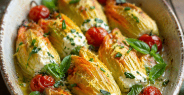Fleurs de courgettes farcies à la ricotta, citron et basilic dorées au four dans un plat rustique avec herbes fraîches.