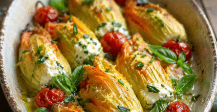 Fleurs de courgettes farcies à la ricotta, citron et basilic dorées au four dans un plat rustique avec herbes fraîches.