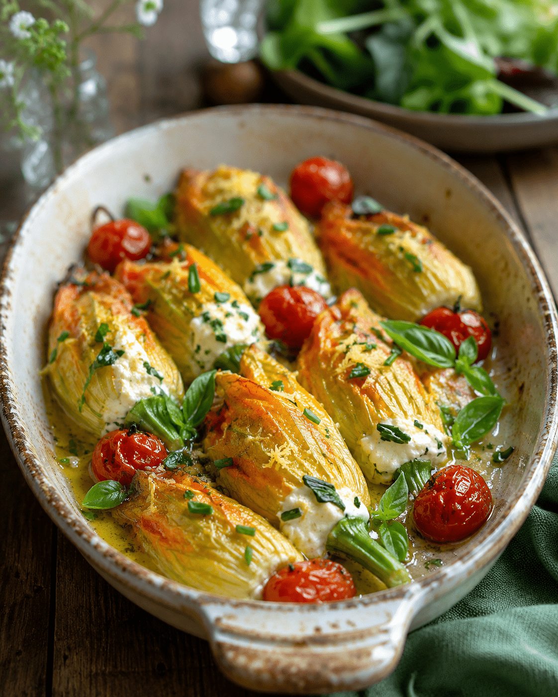 Fleurs de courgettes farcies à la ricotta, citron et basilic dorées au four dans un plat rustique avec herbes fraîches.
