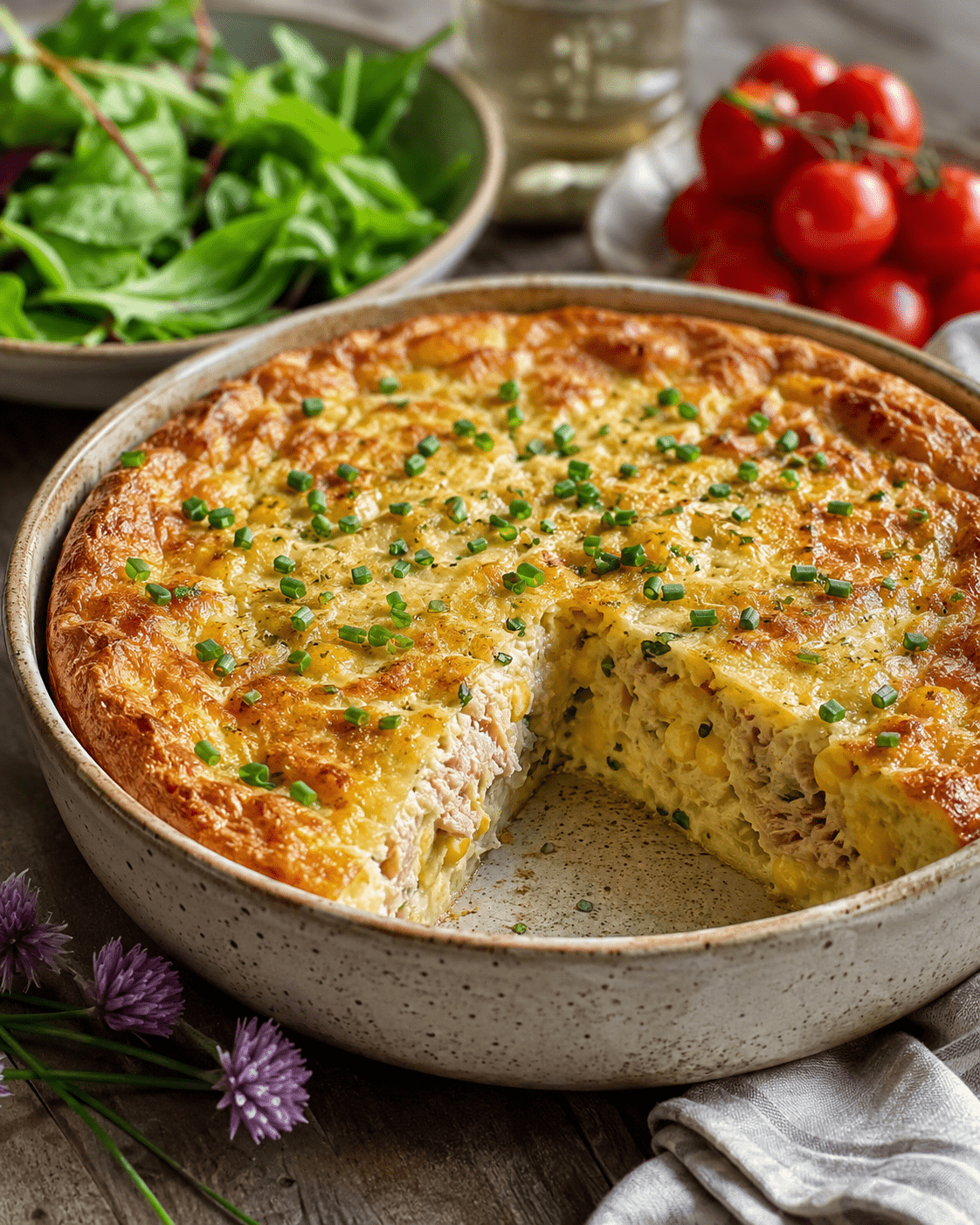 Quiche sans pâte thon, maïs et ciboulette dorée au four dans un plat rustique avec salade verte et texture moelleuse.