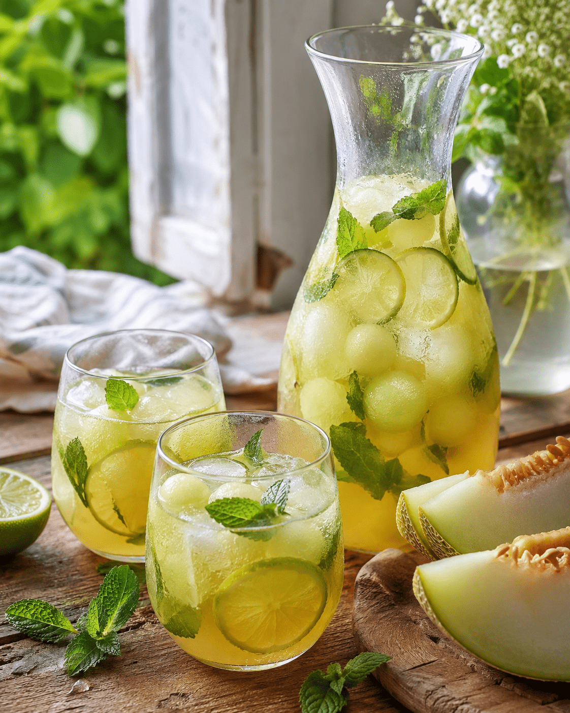Boisson melon menthe au citron vert servie dans une carafe avec glaçons, billes de melon, rondelles de citron vert et feuilles de menthe.