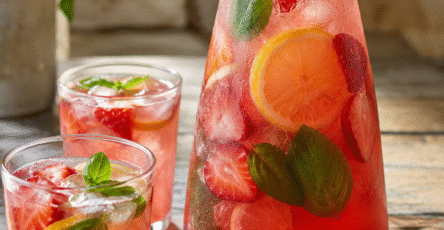 Limonade fraise basilic servie dans une carafe avec fraises fraîches, rondelles de citron, feuilles de basilic et glaçons.