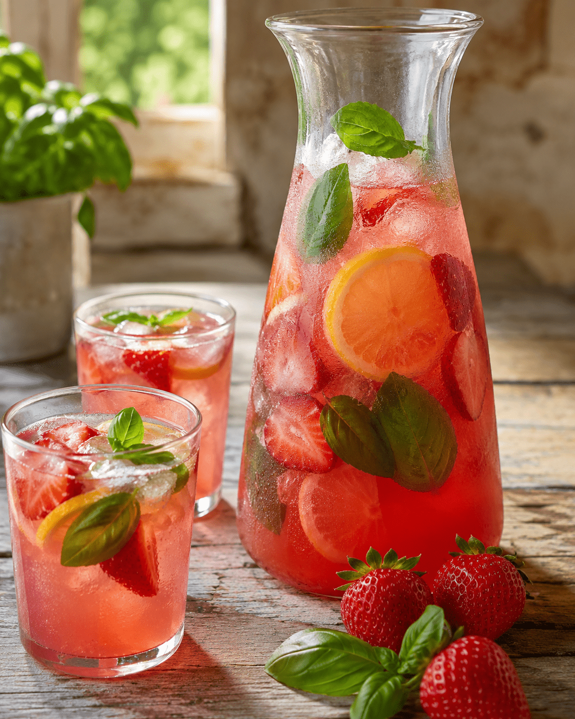 Limonade fraise basilic servie dans une carafe avec fraises fraîches, rondelles de citron, feuilles de basilic et glaçons.