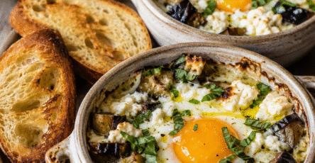 Œufs cocotte aubergines rôties, feta et basilic servis dans des ramequins rustiques avec crème onctueuse et pain grillé.