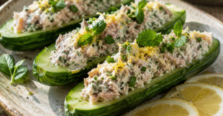 Concombres farcis thon, fromage frais et herbes fraîches servis froids sur une assiette rustique avec citron et salade.
