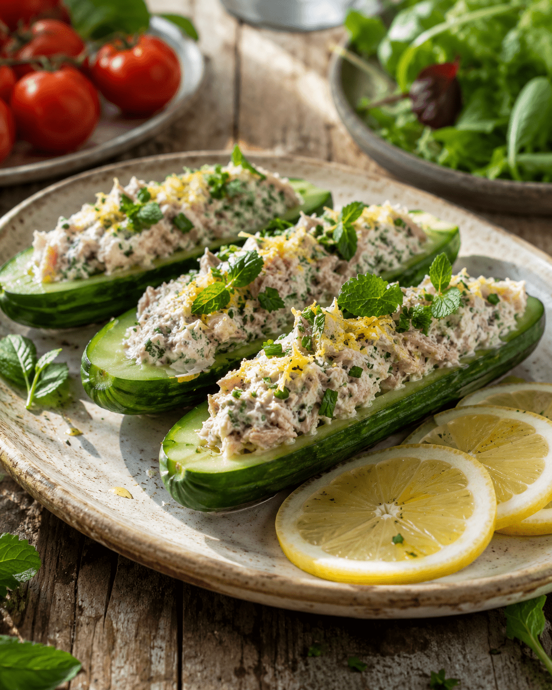 Concombres farcis thon, fromage frais et herbes fraîches servis froids sur une assiette rustique avec citron et salade.