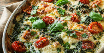 Gratin blettes ricotta, tomates cerises et parmesan doré au four dans un plat rustique avec herbes fraîches.