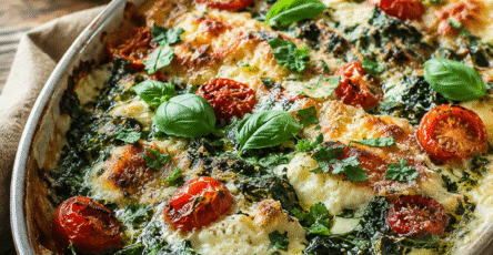 Gratin blettes ricotta, tomates cerises et parmesan doré au four dans un plat rustique avec herbes fraîches.