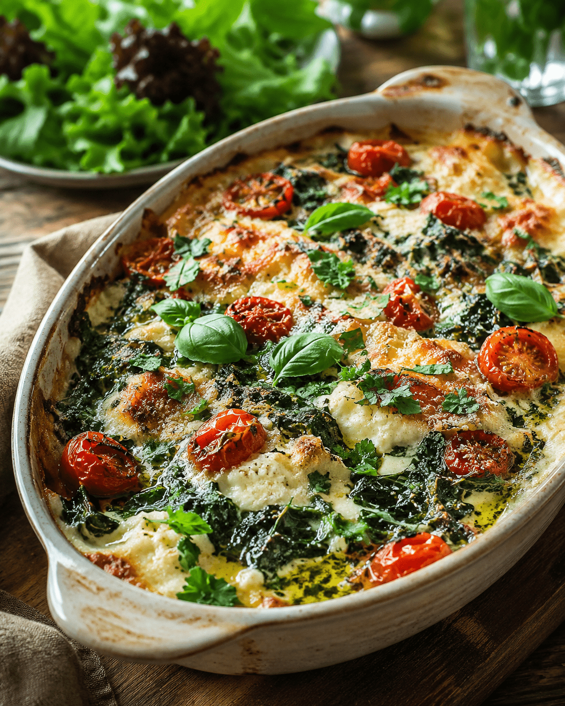 Gratin blettes ricotta, tomates cerises et parmesan doré au four dans un plat rustique avec herbes fraîches.