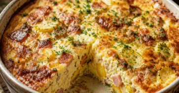Clafoutis salé courgette jaune, jambon blanc et comté doré au four dans un plat rustique avec herbes fraîches.