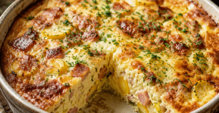 Clafoutis salé courgette jaune, jambon blanc et comté doré au four dans un plat rustique avec herbes fraîches.